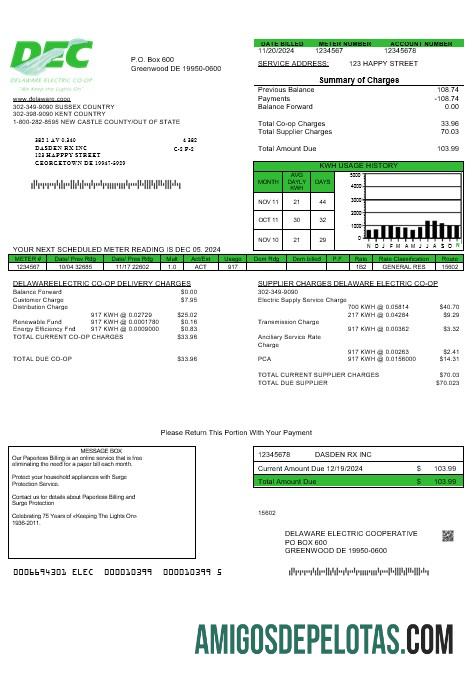 imprimível Modelo de fatura de serviços públicos comerciais da USA Delaware Electric Co Op em formatos Word e PDF
